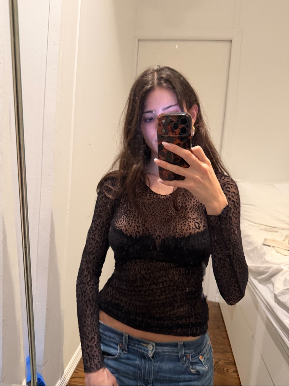Sheer Leopard Print Long-Sleeve Top - Black